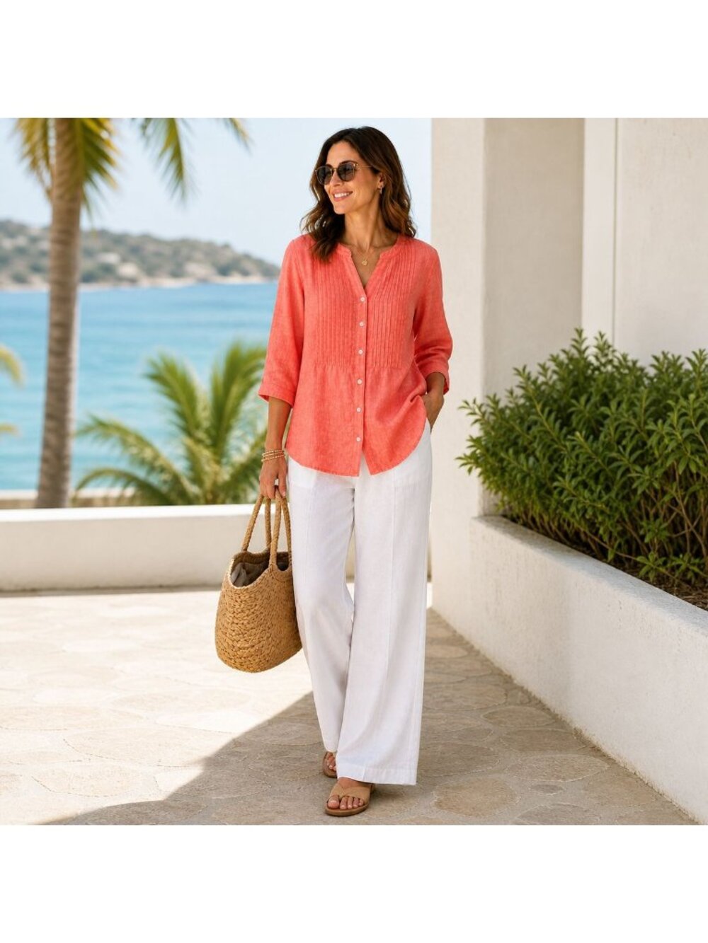 Talbots 100% Linen Pintuck Tunic Top Boho Coastal Resort Wear Orange Size M NEW